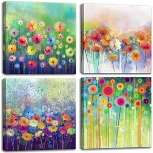 Flowers Bathroom Decor Canvas Wall Art, Colorful Floral Artwork Painting Prints